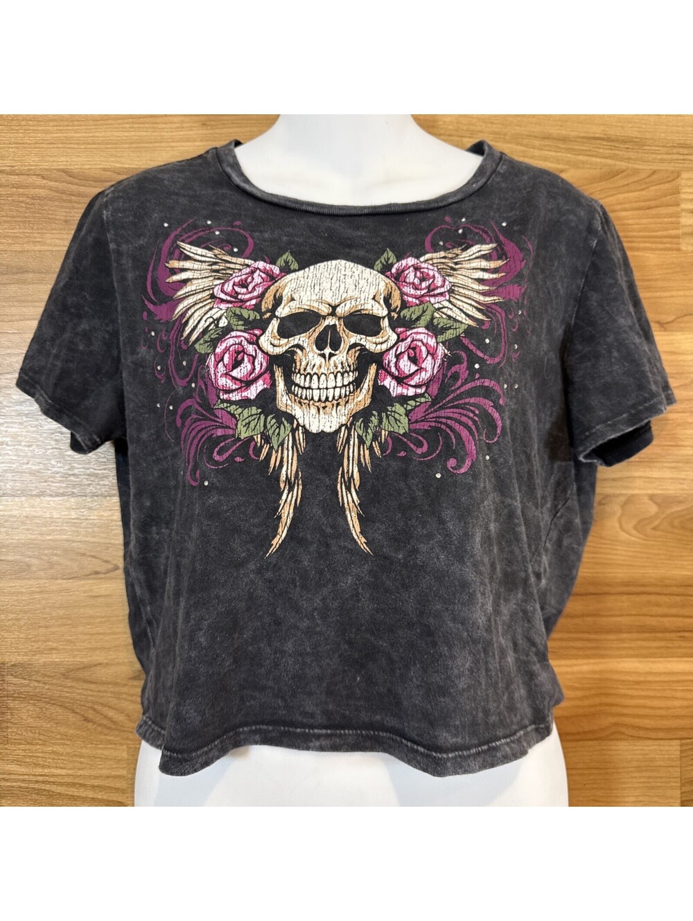 Social Collision Womens L Crop Top Skull Roses Rhinestone Acid Wash Y2K Goth